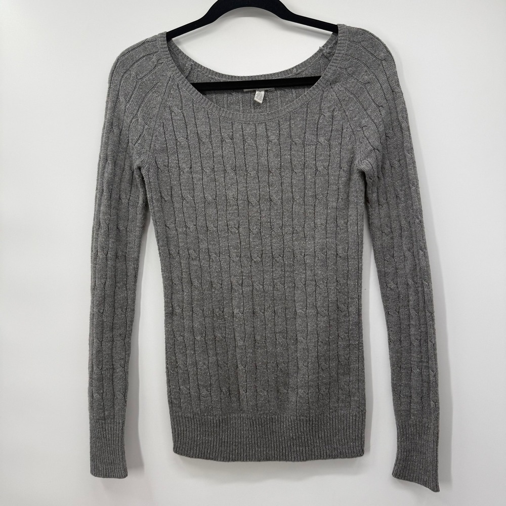 Aeropostale Womens Medium Sweater Gray Cable Knit Scoop Neck Long Sleeve